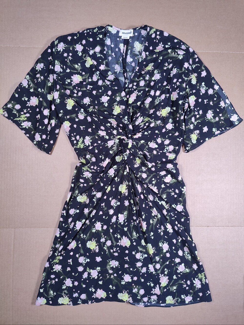 Zadig & Voltaire Rozom Black Crinkle Pink Roses Slit Sleeve Mini Dress Size XS